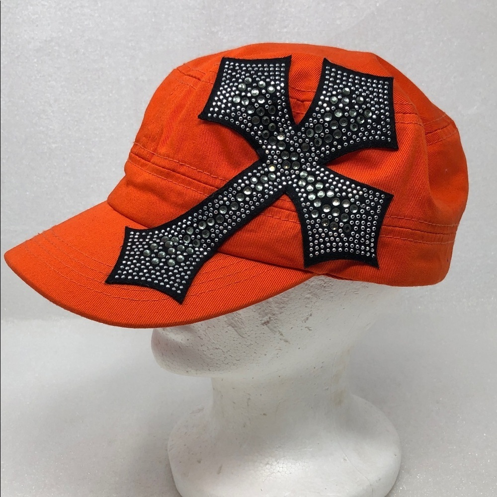 NEW Military Painters Style Hat Orange with Black Rhinestone Cross Accent
